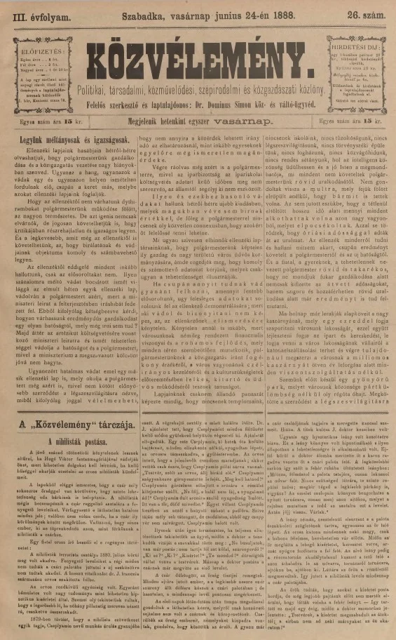 Közvélemény, 3. évf. 1888. június 24. 26. sz.