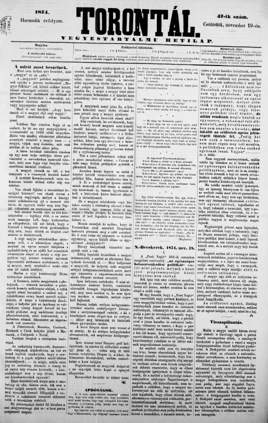 Torontál, 3. évf. 1874. november 19. 47. sz.