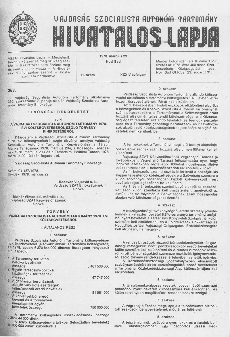 Vajdaság Szocialista Autonóm Tartomány Hivatalos Lapja, 34. évf. 1978. március 29. 11. sz. 401–428. oldal
