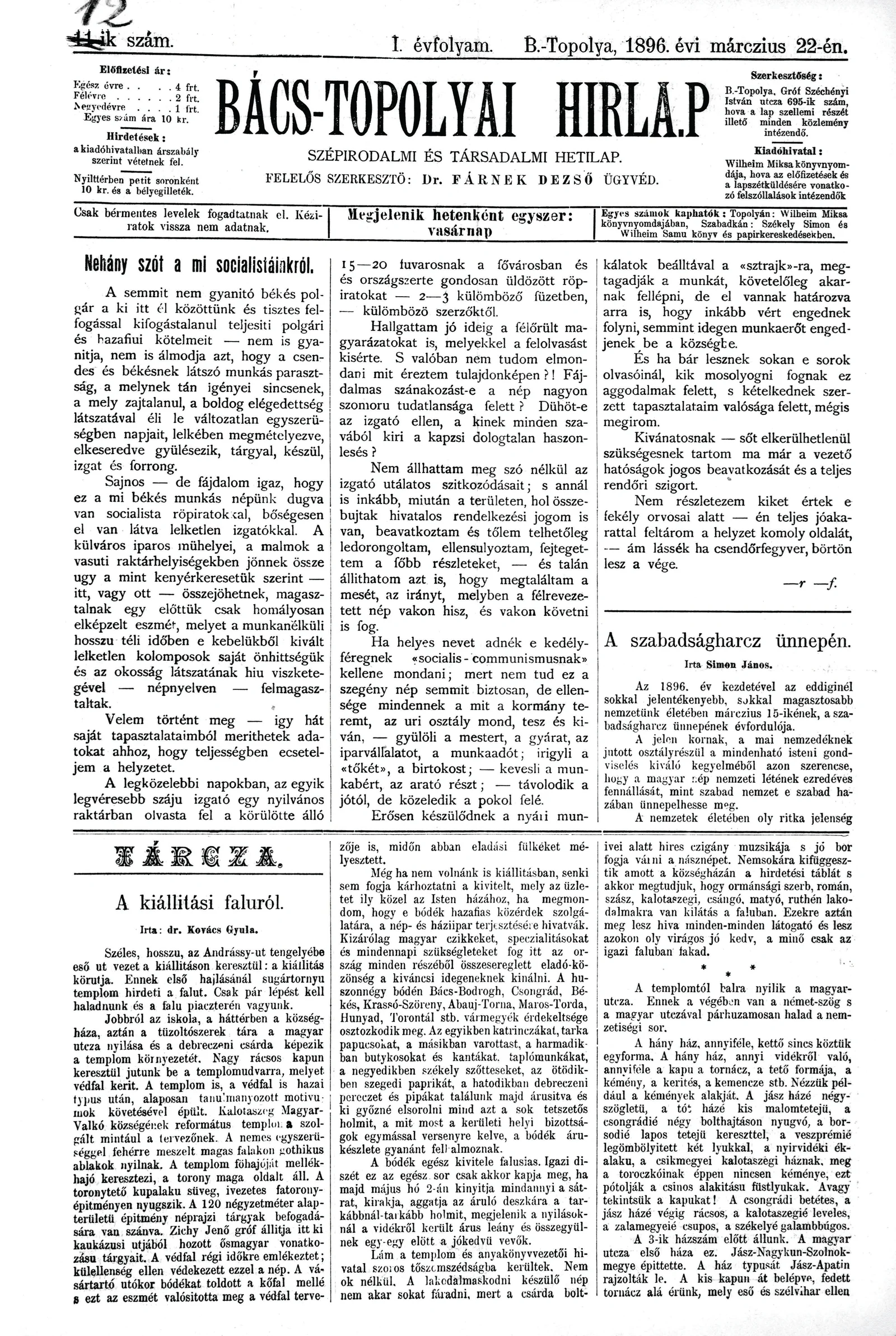 Bács-Topolyai Hirlap, 1. évf. 1896. március 22. 12. sz.