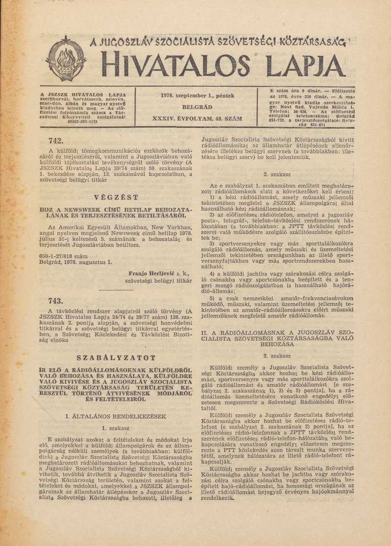 A Jugoszláv Szocialista Szövetségi Köztársaság Hivatalos Lapja, 34. évf. 1978. szeptember 1. 48. sz. 2121–2156. oldal