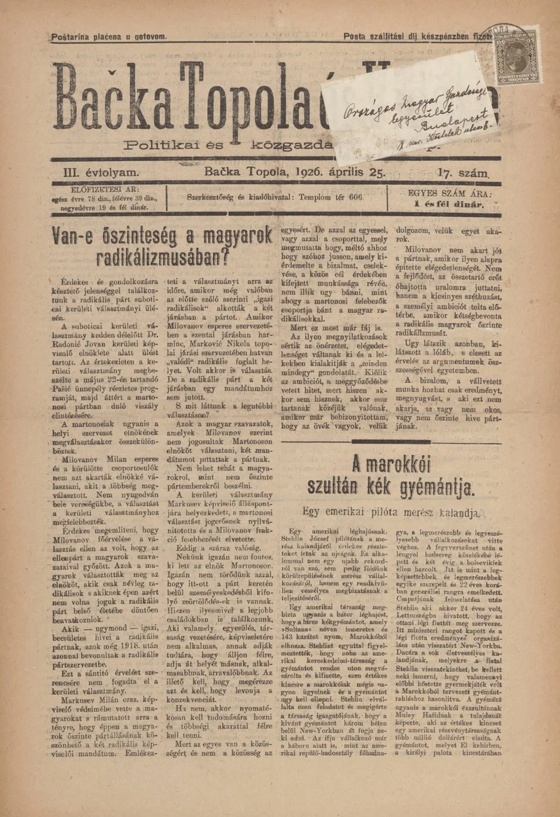 Bačka Topola és Vidéke, 3. évf. 1926. április 25. 17. sz.