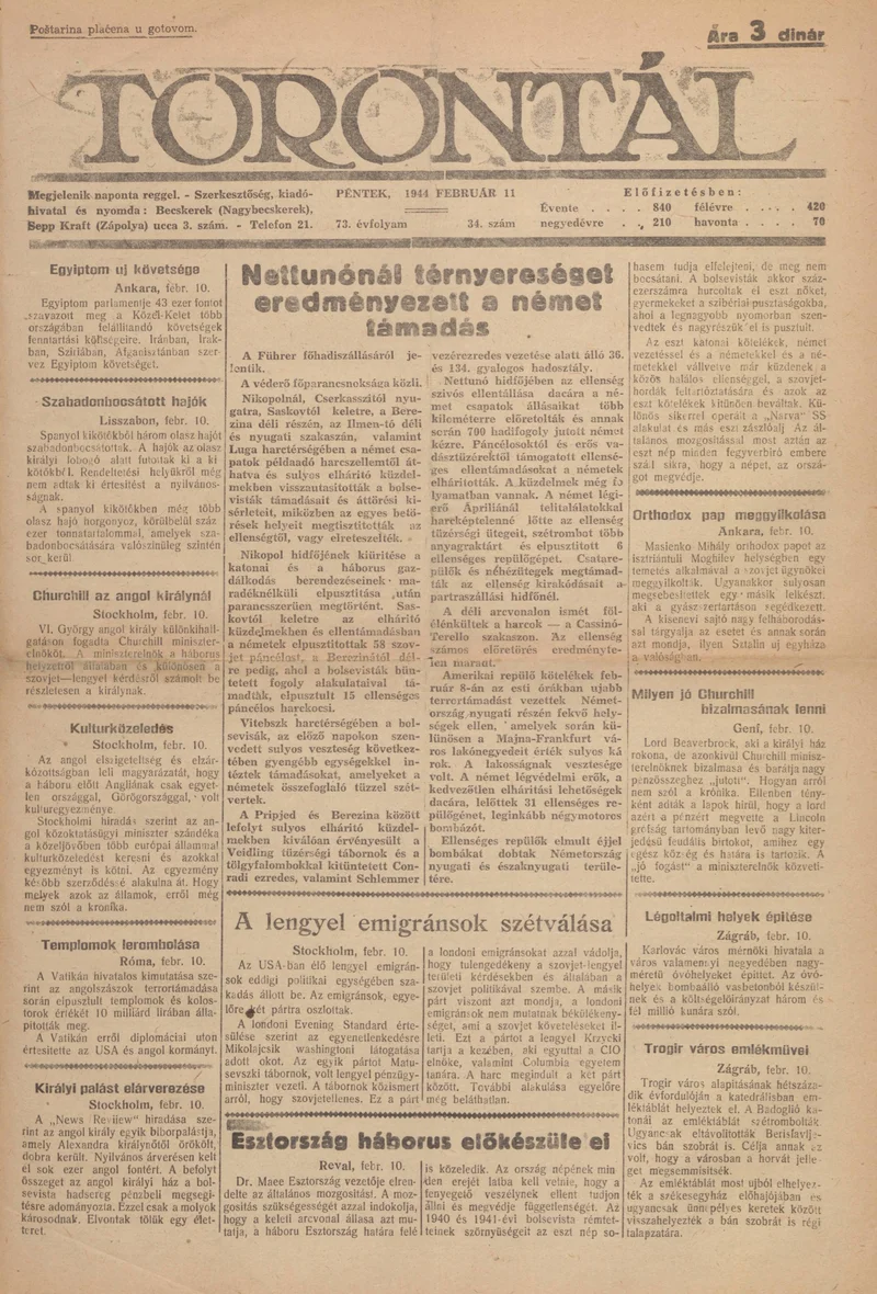 Torontál, 73. évf. 1944. február 11. 34. sz.