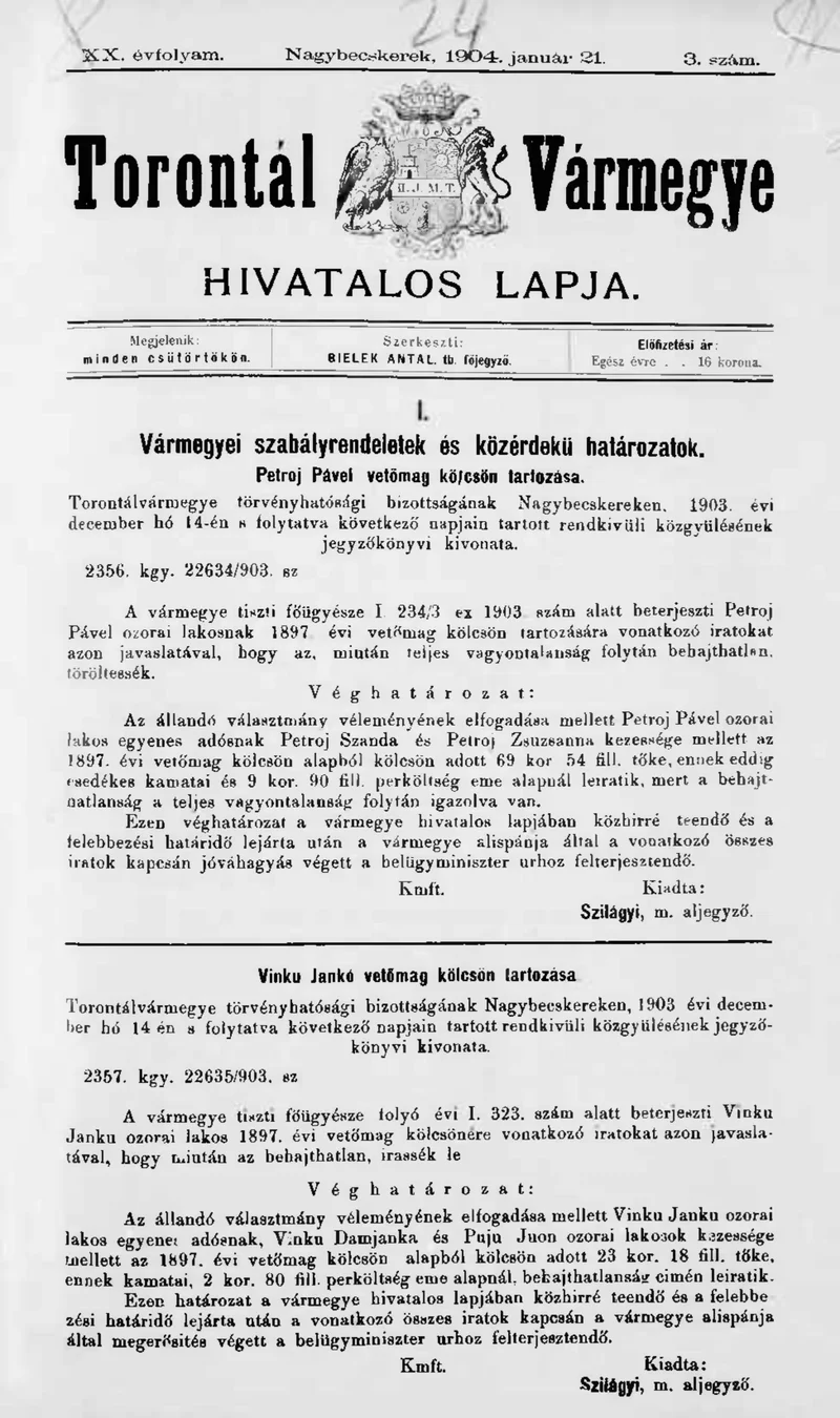 Torontál Vármegye Hivatalos Lapja, 20. évf. 1904. január 21. 3. sz.