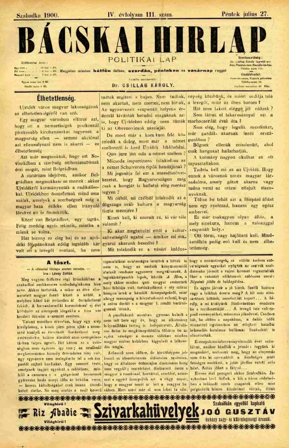 Bácskai Hirlap, 4. évf. 1900. július 27. 111. sz.
