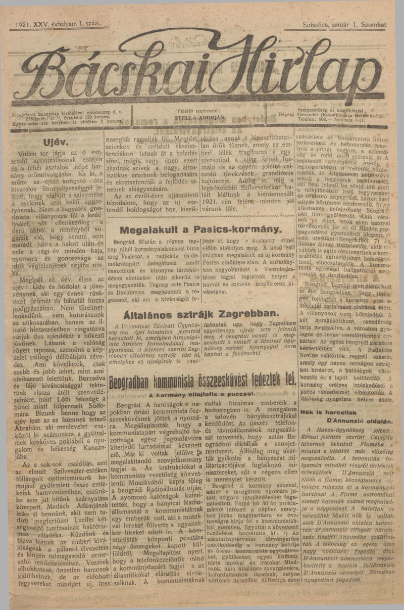 Bácskai Hirlap, 25. évf. 1921. január 1. 1. sz.
