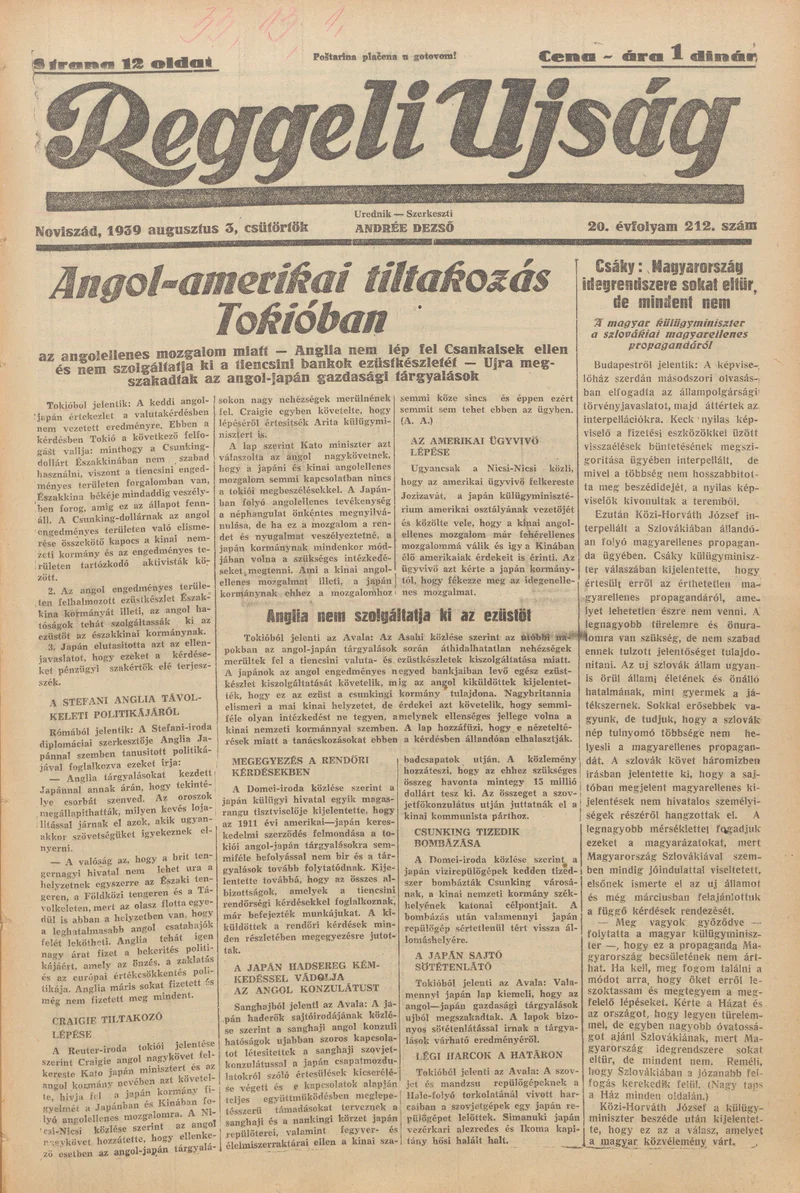 Reggeli Újság, 20. évf. 1939. augusztus 3. 212. sz.