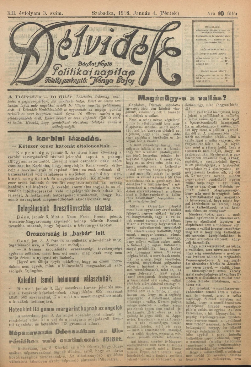 Délvidék, 12. évf. 1918. január 4. 3. sz.