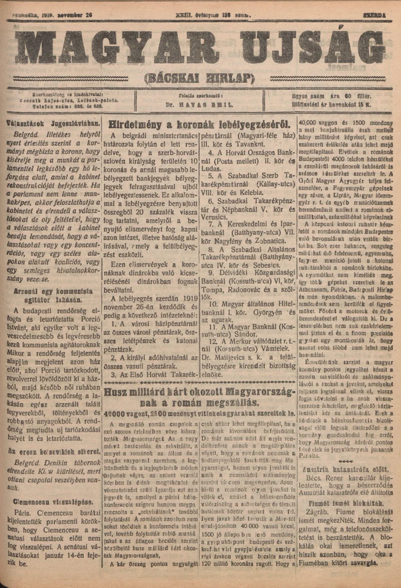Bácskai Hirlap, 23. évf. 1919. november 26. 138. sz.