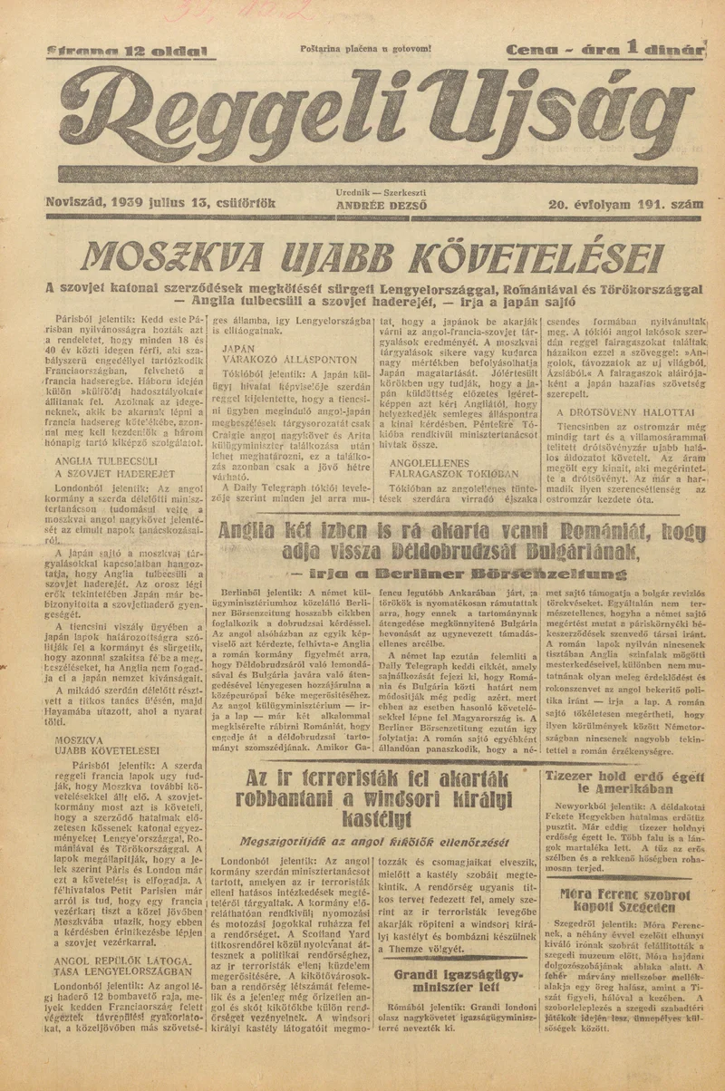 Reggeli Újság, 20. évf. 1939. július 13. 191. sz.