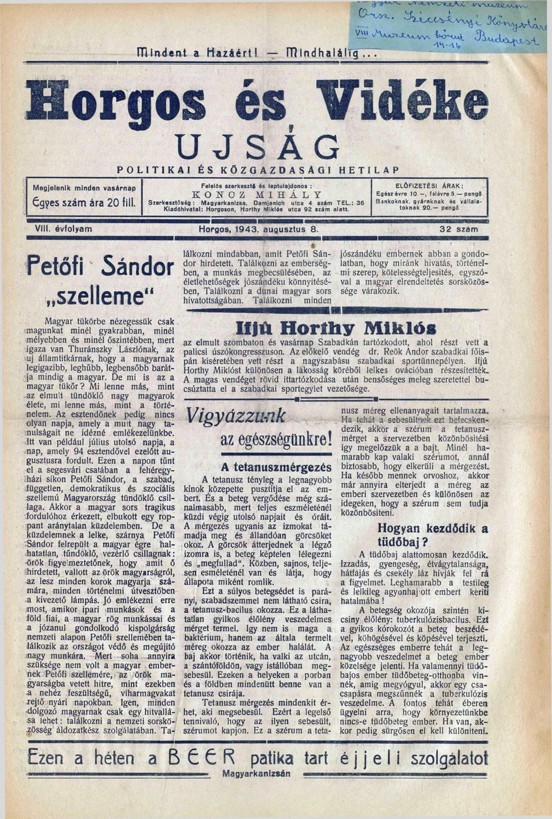 Horgos és vidéke, 8. évf. 1943. augusztus 8. 32. sz.