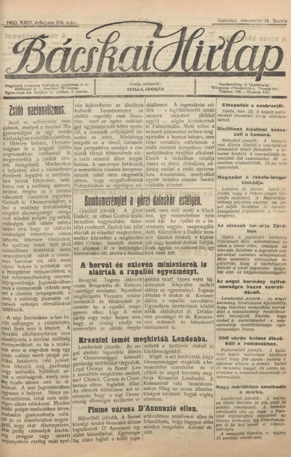 Bácskai Hirlap, 24. évf. 1920. november 24. 204. sz.