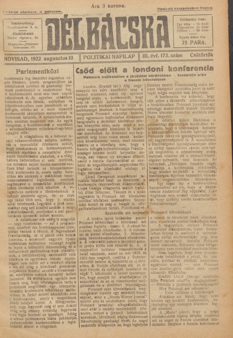 Délbácska, 3. évf. 1922. augusztus 10. 173. sz.
