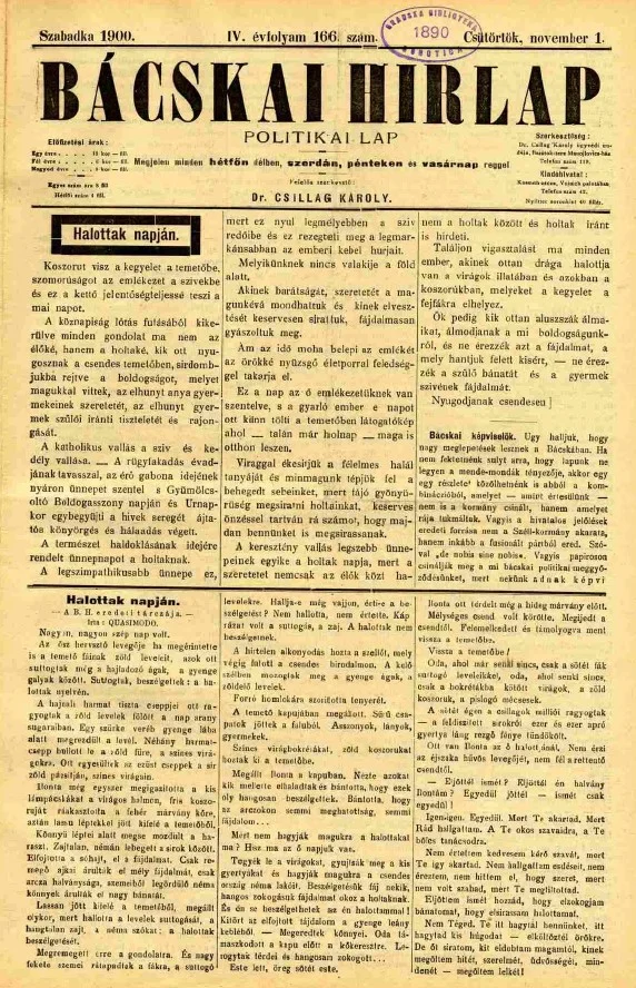 Bácskai Hirlap, 4. évf. 1900. november 1. 166. sz.