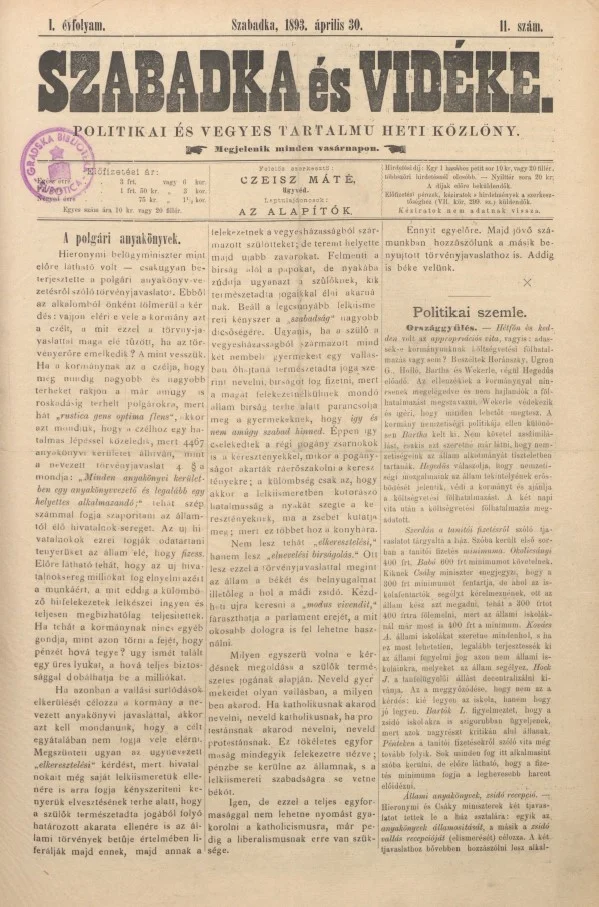 Szabadka és vidéke II, 1. évf. 1893. április 30. 11. sz.