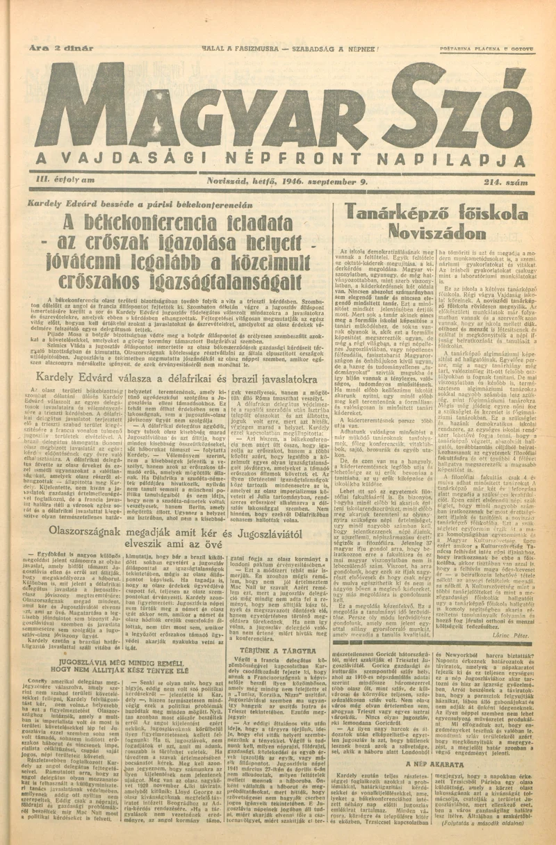 Magyar Szó, 3. évf. 1946. szeptember 9. 214. sz. 1–6. oldal