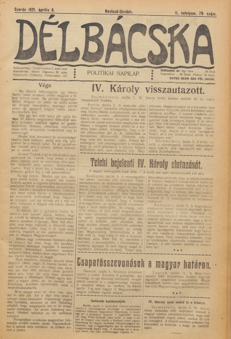 Délbácska, 2. évf. 1921. április 6. 78. sz.