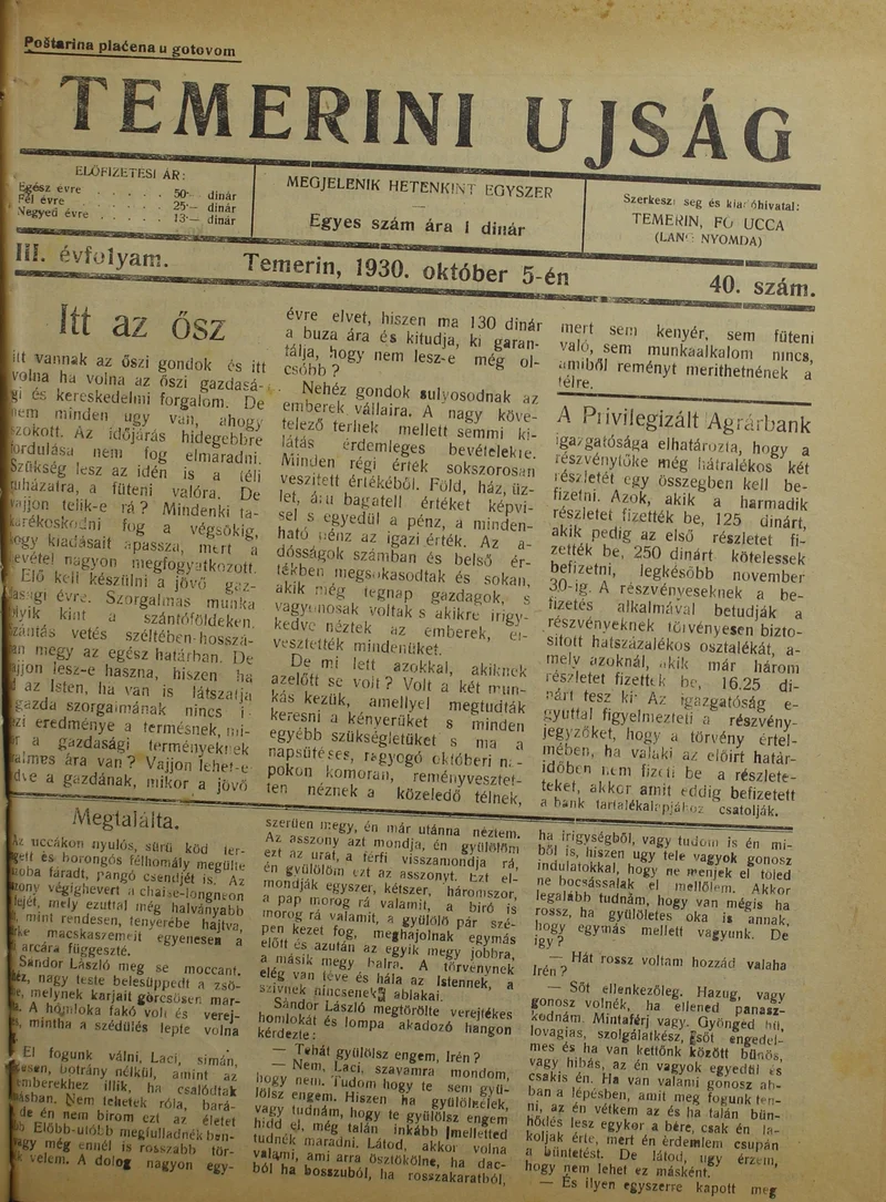 Temerini Újság 1928-1944, 3. évf. 1930. október 5. 40. sz.
