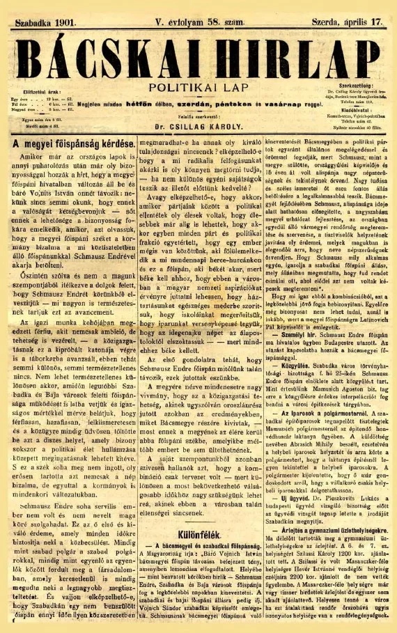 Bácskai Hirlap, 5. évf. 1901. április 17. 58. sz.