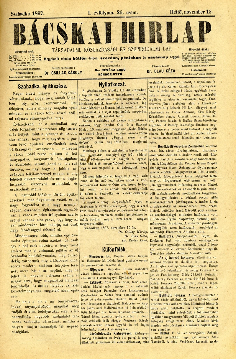 Bácskai Hirlap, 1. évf. 1897. november 15. 26. sz. 1–2. oldal