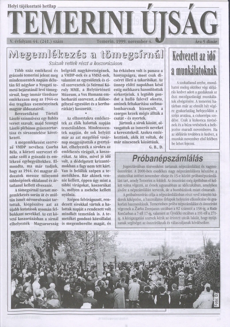 Temerini Újság, 5. évf. 1999. november 4. 44. sz.