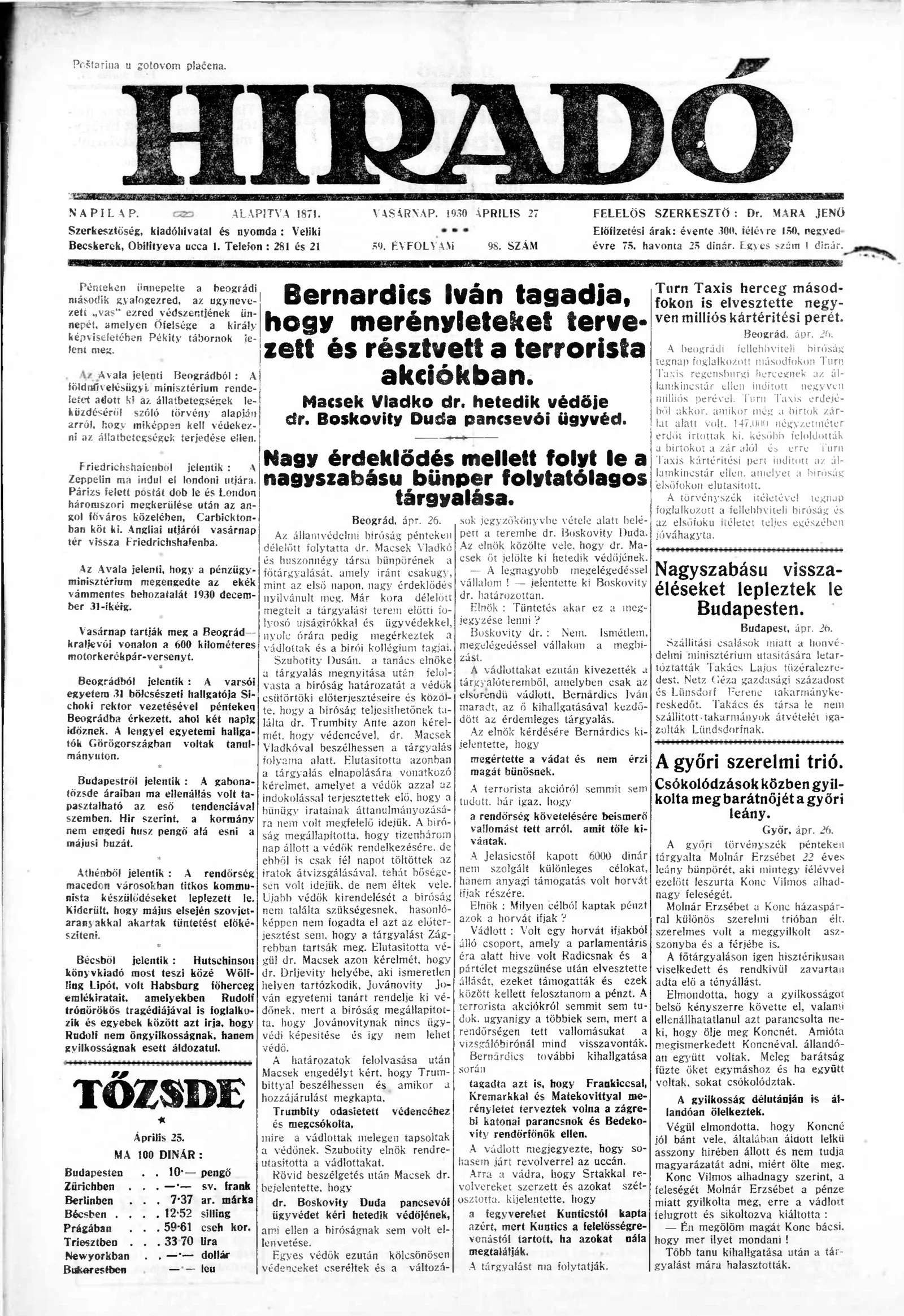 Híradó, 59. évf. 1930. április 27. 98. sz.