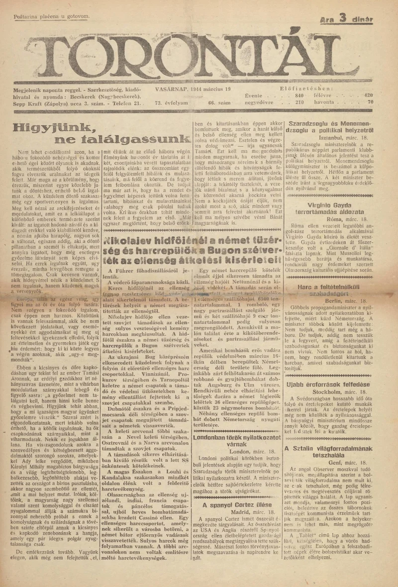 Torontál, 73. évf. 1944. március 19. 66. sz.