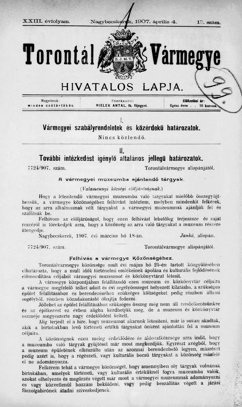 Torontál Vármegye Hivatalos Lapja, 23. évf. 1907. április 4. 15. sz.