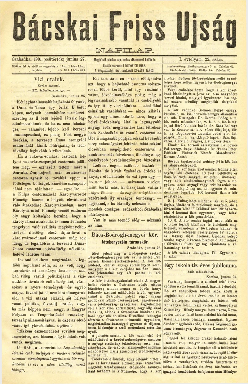 Bácskai Friss Ujság, 1. évf. 1901. június 27. 22. sz.