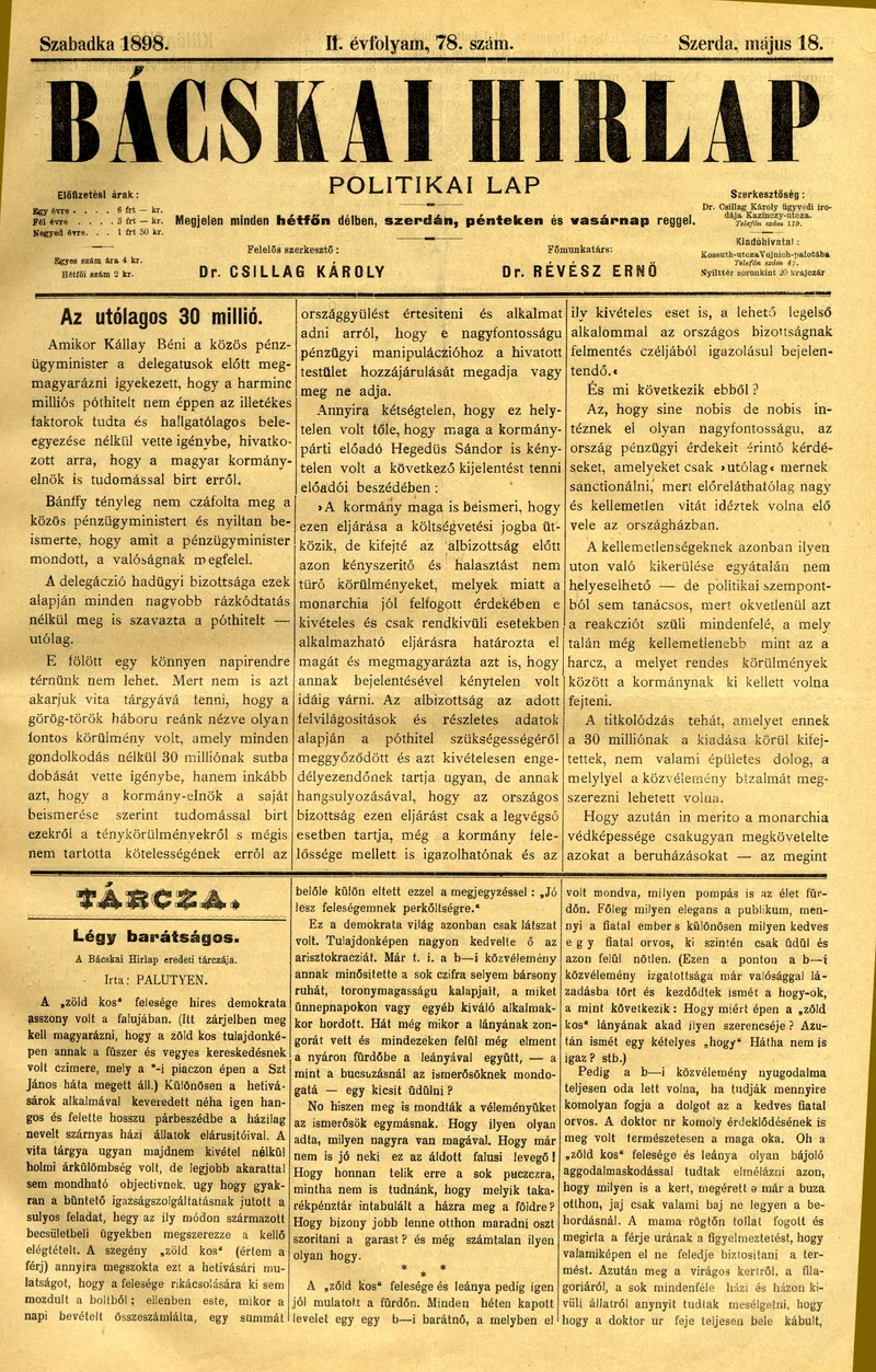 Bácskai Hirlap, 2. évf. 1898. május 18. 78. sz. 1–4. oldal