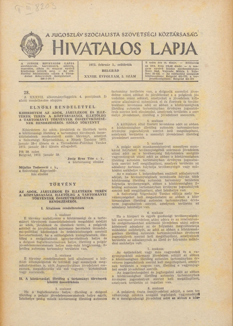A Jugoszláv Szocialista Szövetségi Köztársaság Hivatalos Lapja, 28. évf. 1972. február 3. 5. sz. 65–192. oldal