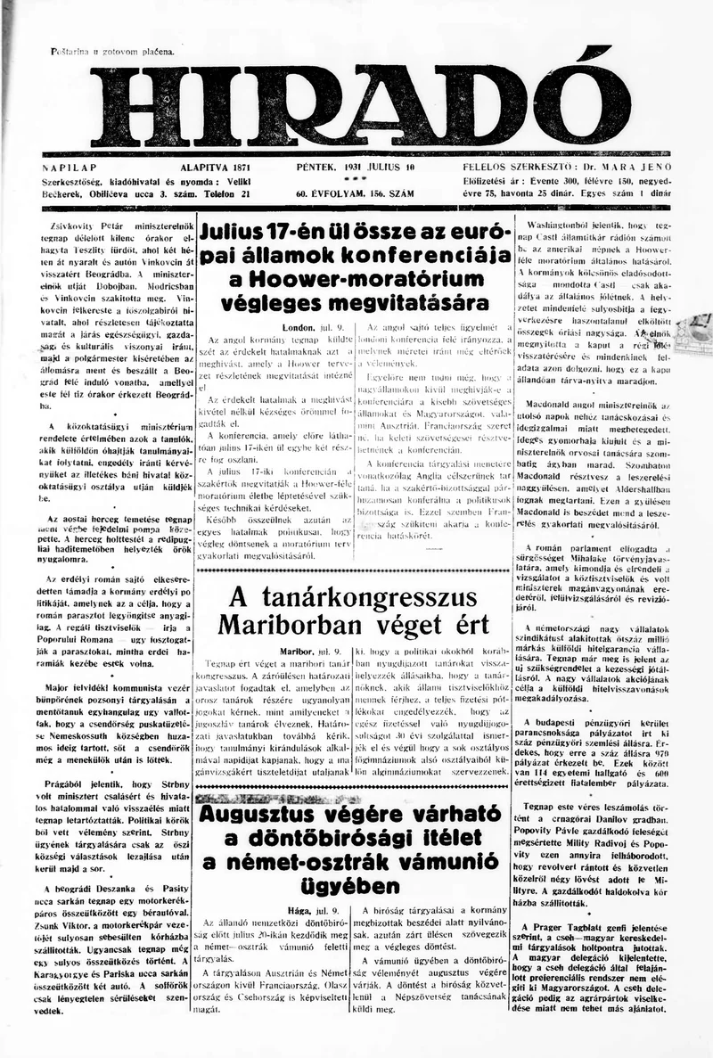 Híradó, 60. évf. 1931. július 10. 156. sz.