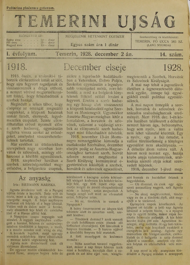Temerini Újság 1928-1944, 1. évf. 1928. december 2. 14. sz.