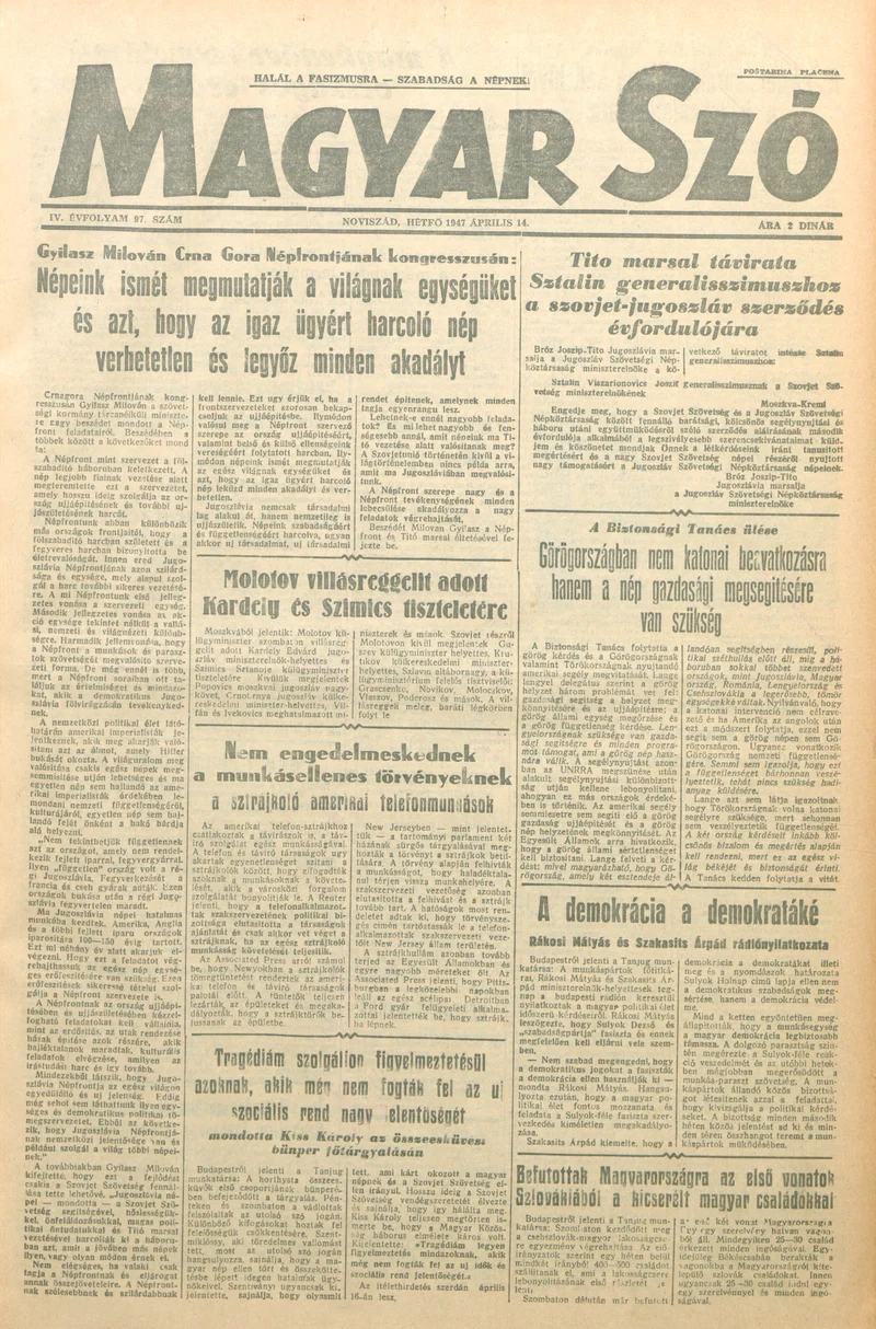 Magyar Szó, 4. évf. 1947. április 14. 97. sz. 1–4. oldal