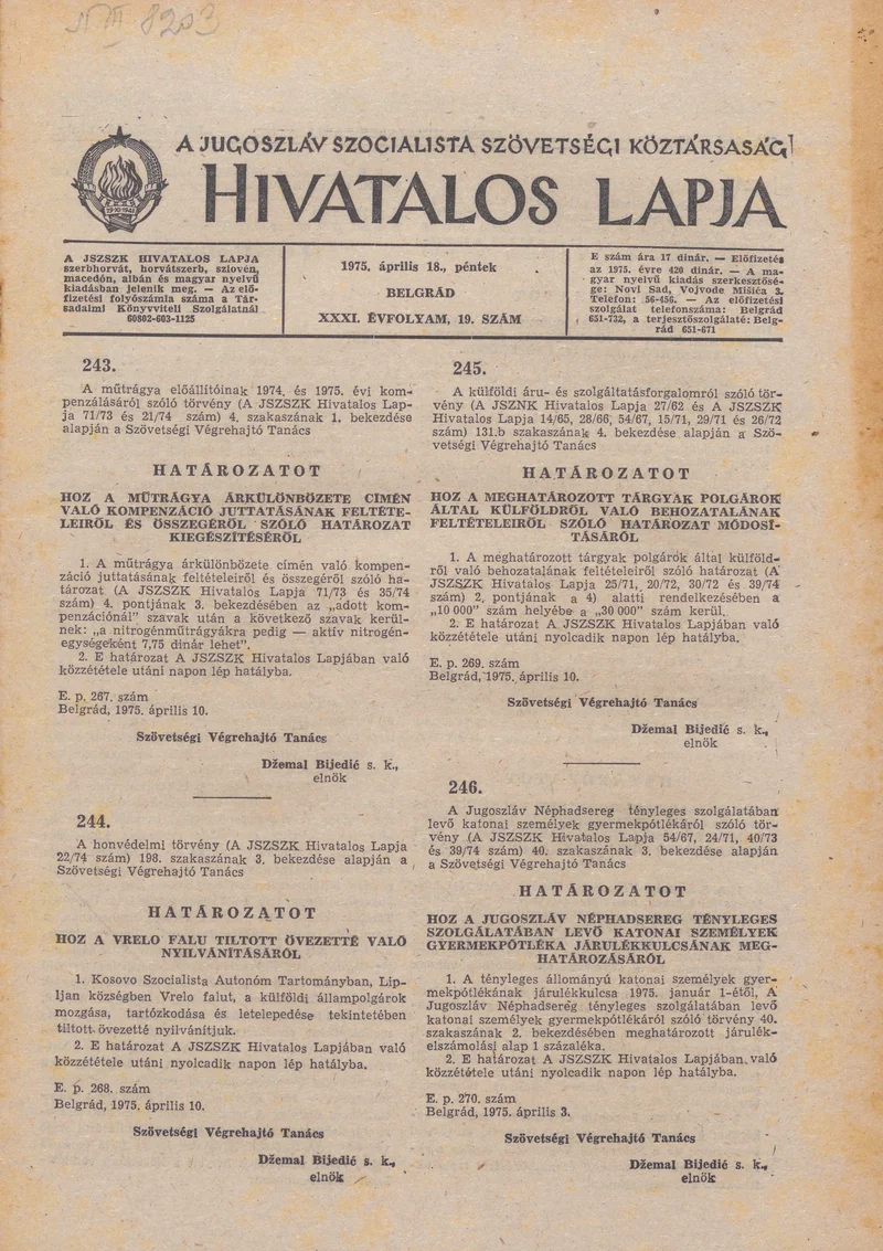 A Jugoszláv Szocialista Szövetségi Köztársaság Hivatalos Lapja, 31. évf. 1975. április 18. 19. sz. 593–612. oldal