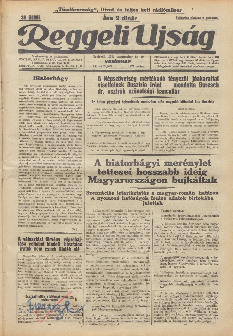 Reggeli Újság, 12. évf. 1931. szeptember 20. 221. sz.