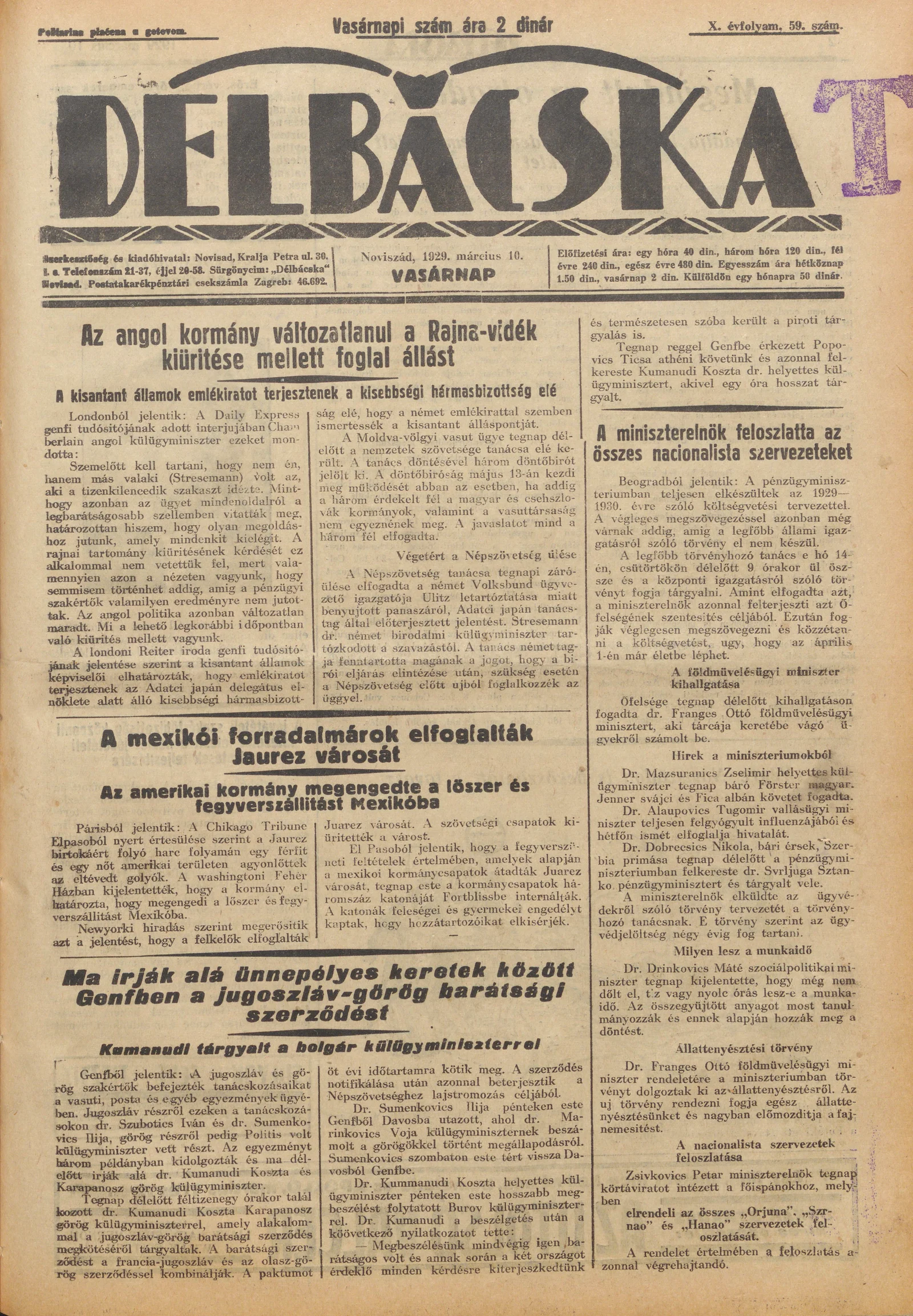 Délbácska, 10. évf. 1929. március 10. 59. sz.