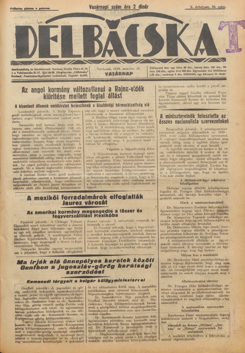Délbácska, 10. évf. 1929. március 10. 59. sz.