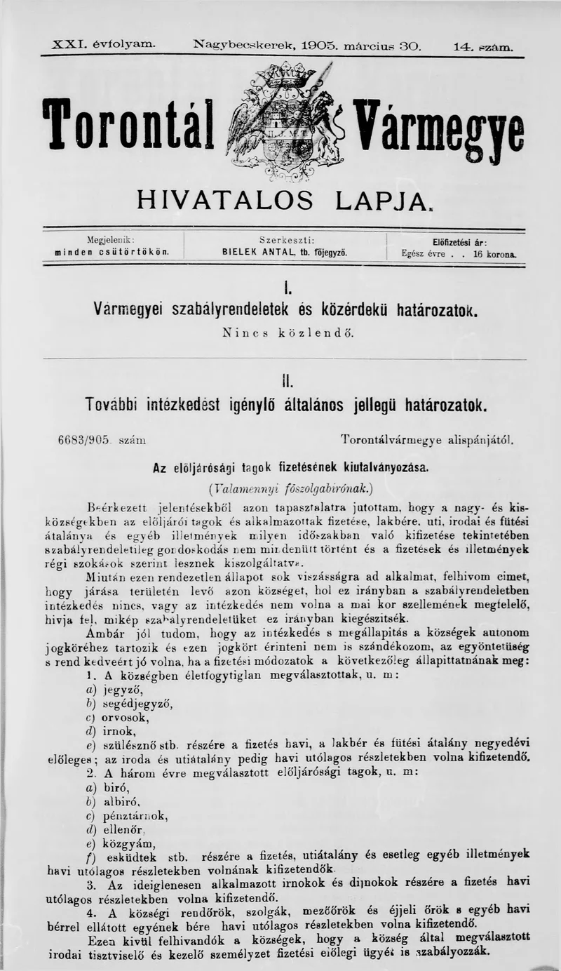 Torontál Vármegye Hivatalos Lapja, 21. évf. 1905. március 30. 14. sz.