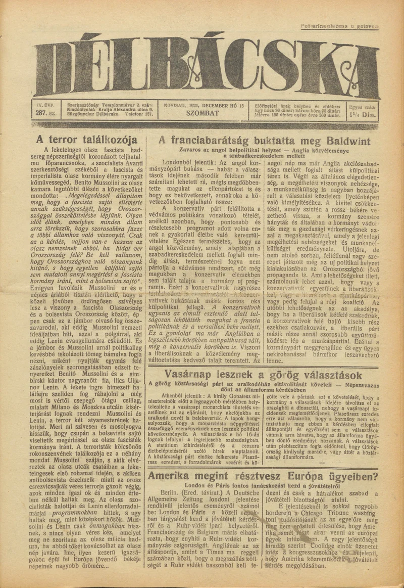 Délbácska, 4. évf. 1923. december 15. 287. sz.