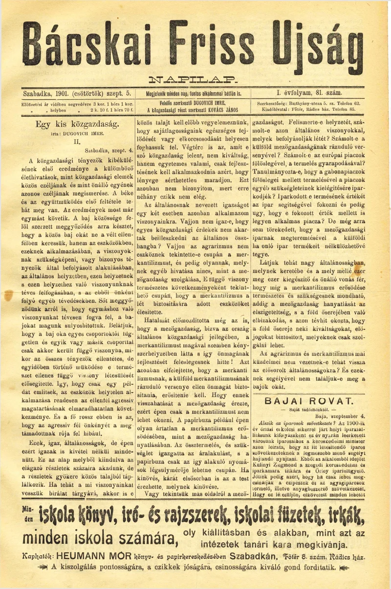 Bácskai Friss Ujság, 1. évf. 1901. szeptember 5. 81. sz.