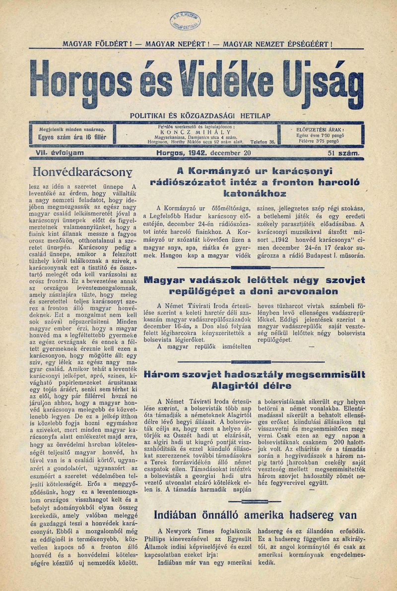Horgos és vidéke, 7. évf. 1942. december 20. 51. sz.