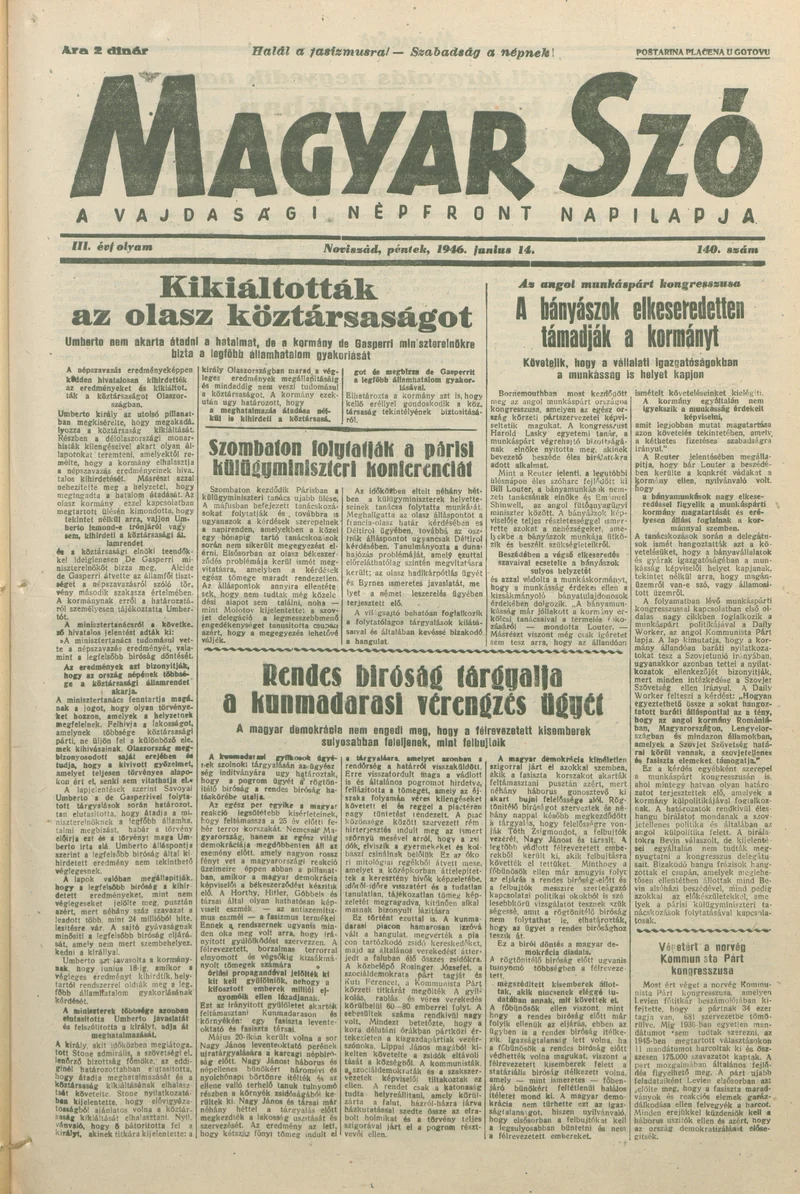 Magyar Szó, 3. évf. 1946. június 14. 140. sz. 1–8. oldal