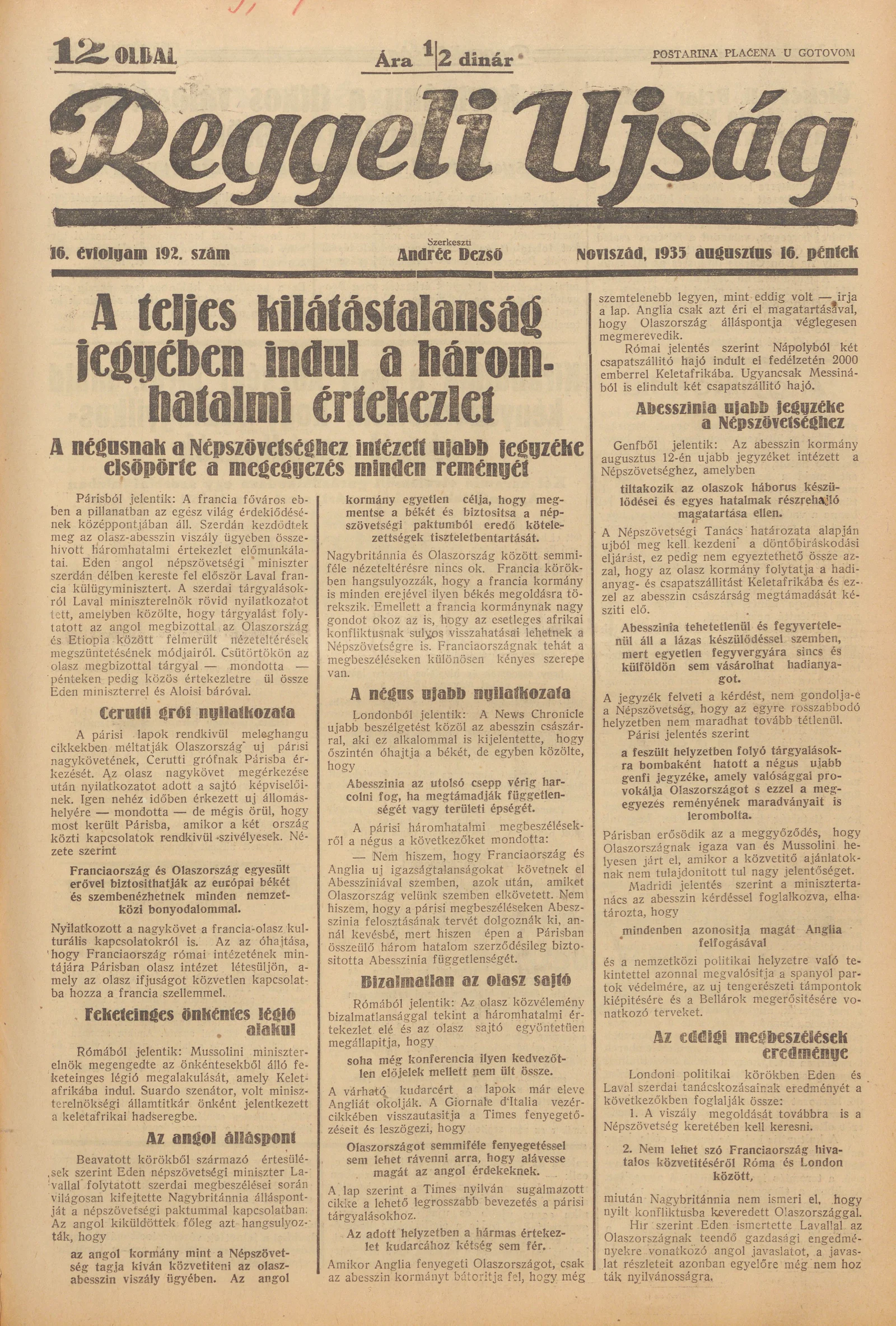 Reggeli Újság, 16. évf. 1935. augusztus 16. 192. sz.