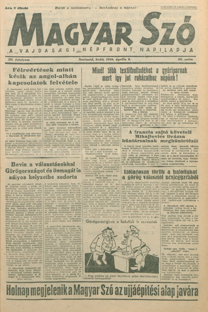 Magyar Szó, 3. évf. 1946. április 9. 85. sz. 1–6. oldal