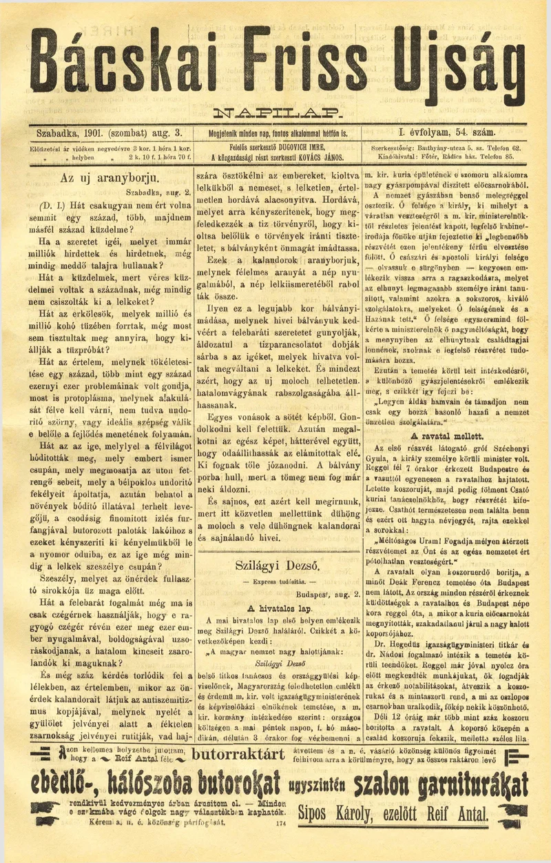 Bácskai Friss Ujság, 1. évf. 1901. augusztus 3. 54. sz.