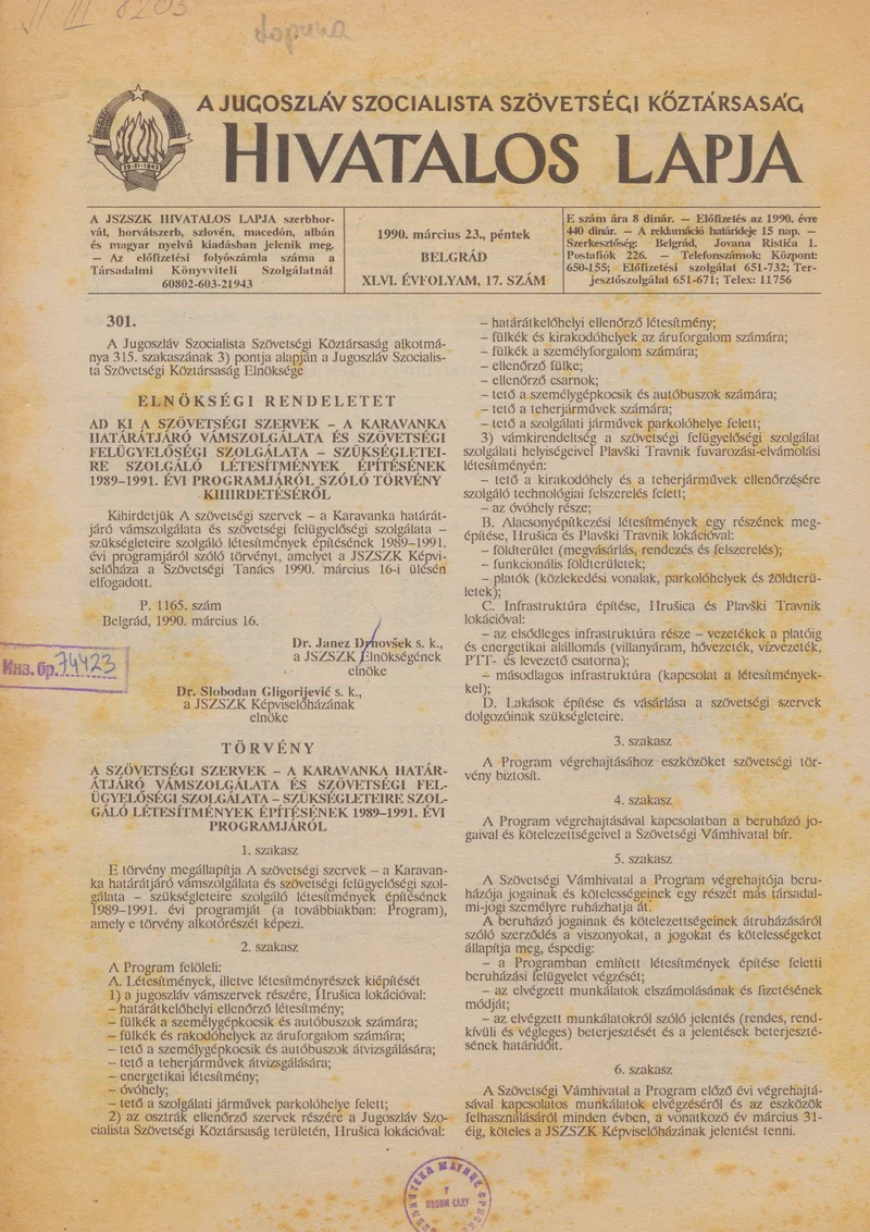 A Jugoszláv Szocialista Szövetségi Köztársaság Hivatalos Lapja, 46. évf. 1990. március 23. 17. sz. 721–768. oldal