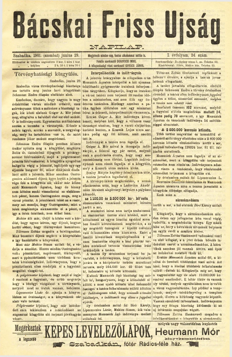 Bácskai Friss Ujság, 1. évf. 1901. június 29. 24. sz.