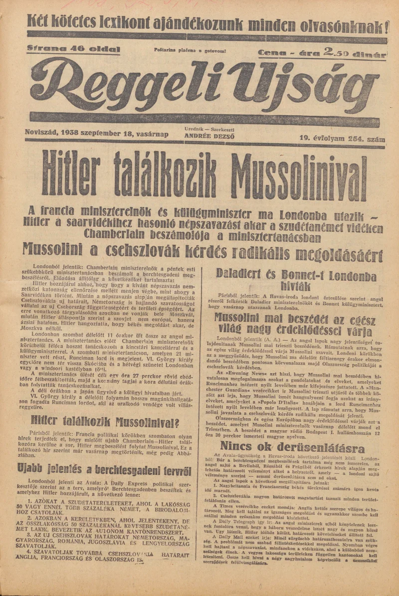 Reggeli Újság, 19. évf. 1938. szeptember 18. 254. sz.