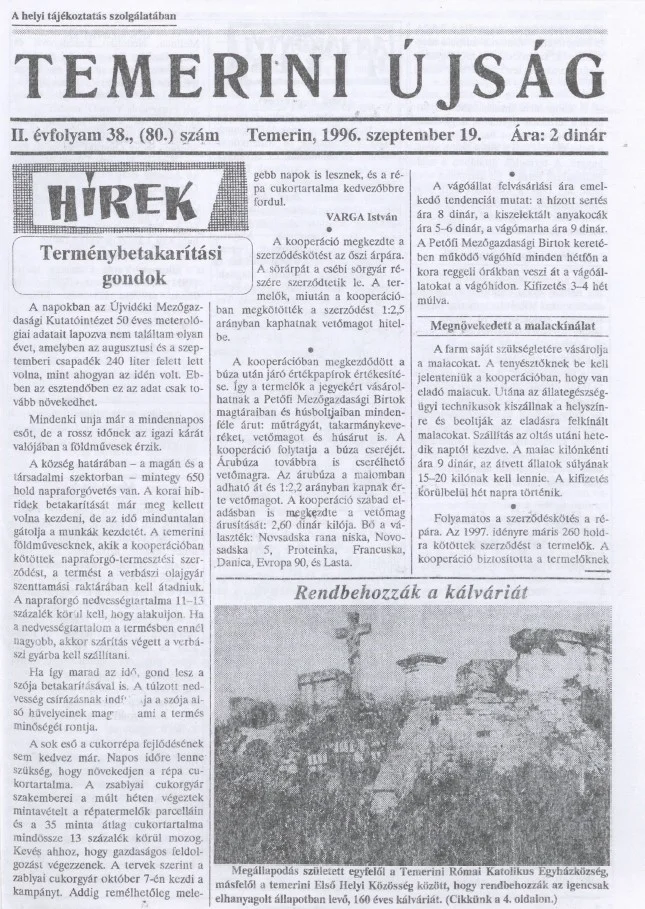 Temerini Újság, 2. évf. 1996. szeptember 19. 38. sz.